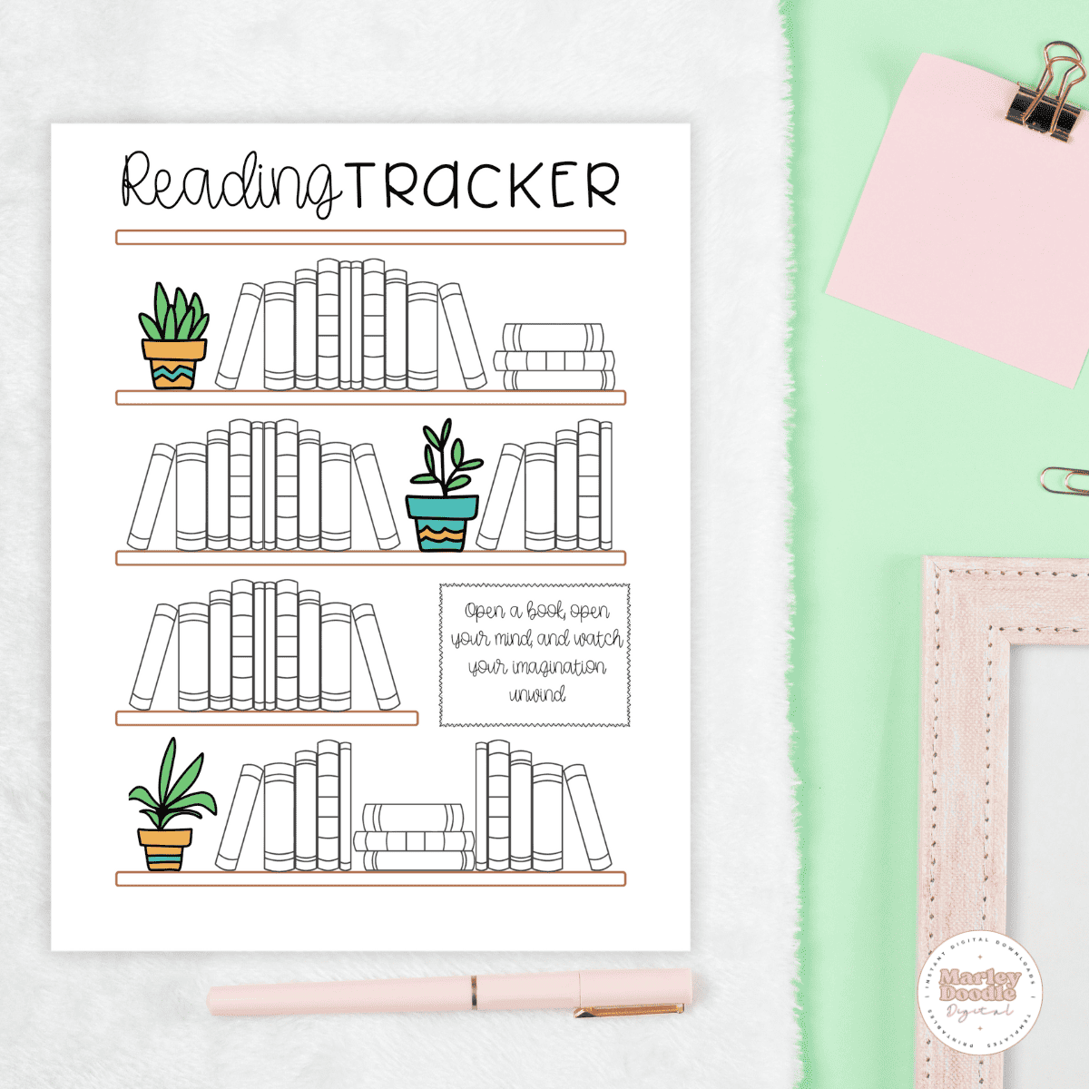 free printable bookshelf reading tracker (50 books!) - marley